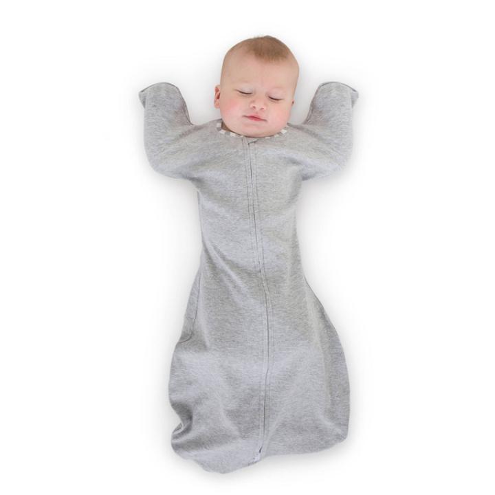 Swaddledesigns Transitional Swaddle Sack With Arms Up Half-length Sleeves And Mitten Cuffs Wearable Blanket - Heathered Gray With Stripe Trim