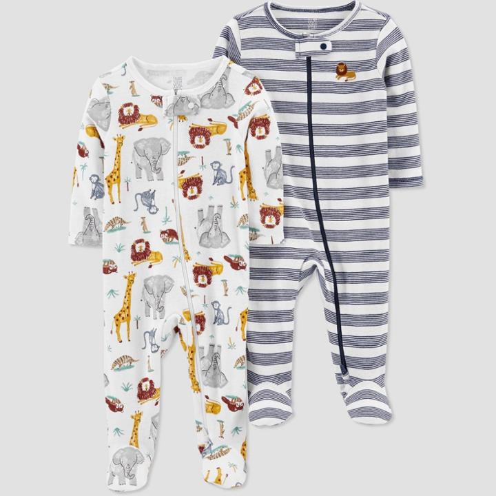 Baby Boys' 2pk Striped/safari Sleep N' Play - Just One You Made By Carter's White/blue