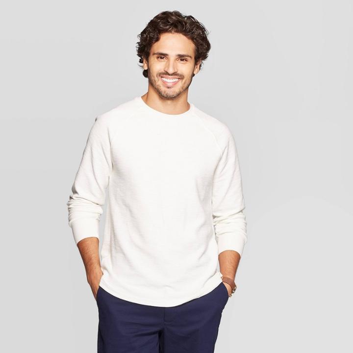 Men's Standard Fit Long Sleeve Textured Crew Neck Shirt - Goodfellow & Co White Feather M,