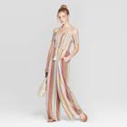 Women's Striped Short Sleeve Off The Shoulder Smocked Jumpsuit - Xhilaration Mustard
