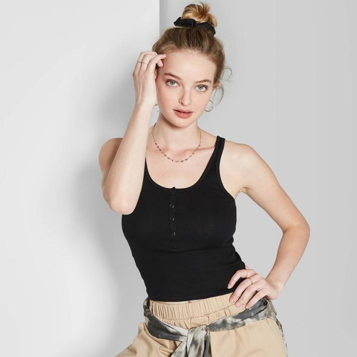 Women's Round Neck Snap Placket Tank Top - Wild Fable Black