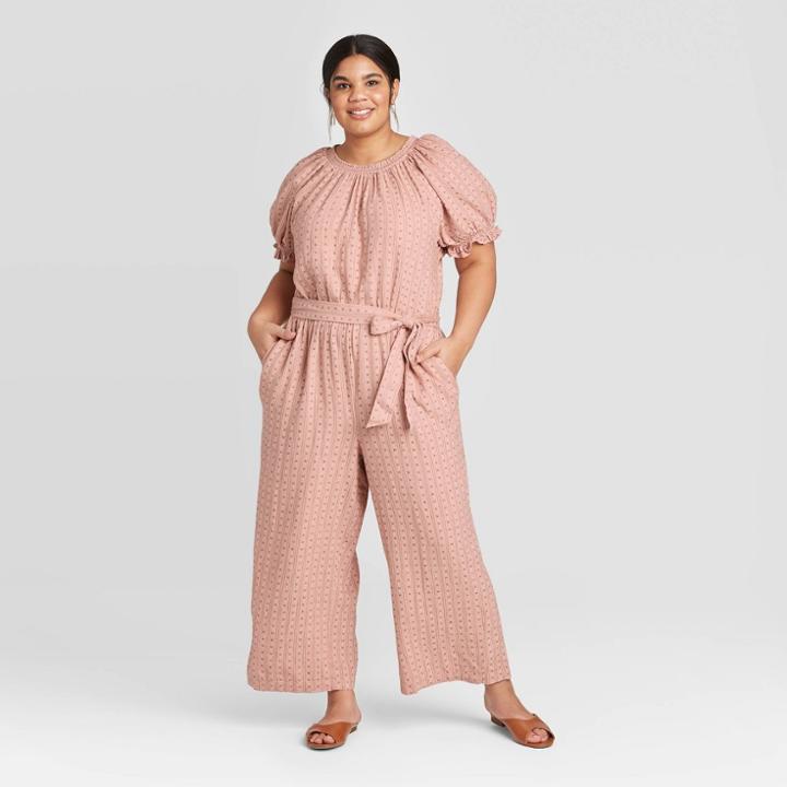 Women's Plus Size Striped Short Sleeve Crewneck Smocked Jumpsuit - Universal Thread Pink 1x, Women's, Size: