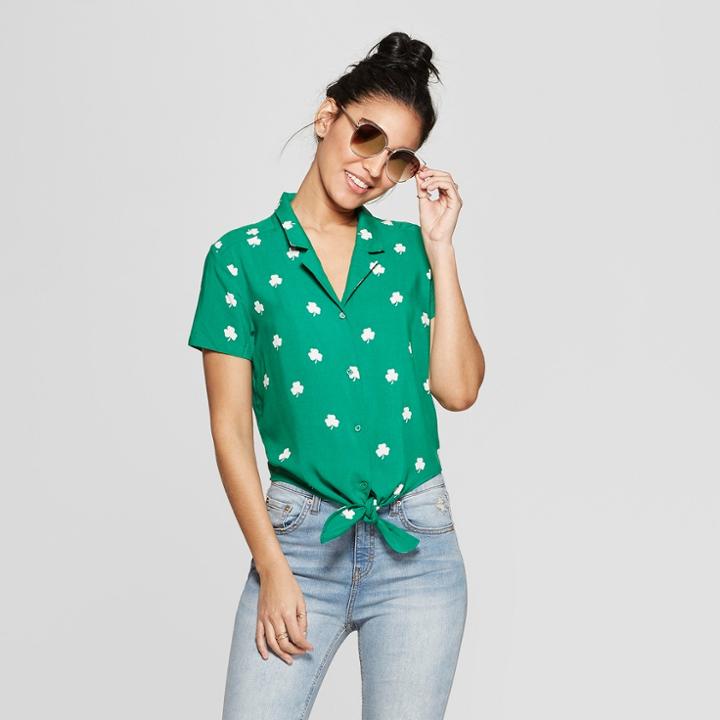 Women's Short Sleeve Clover Woven Tie Front T-shirt - Fifth Sun (juniors') - Green