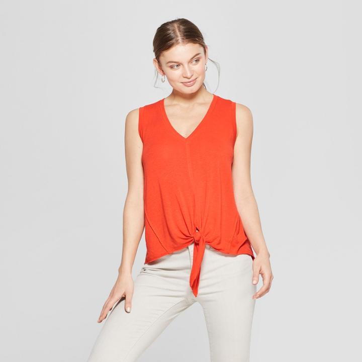 Women's V-neck Tie Front Tank - Universal Thread Orange