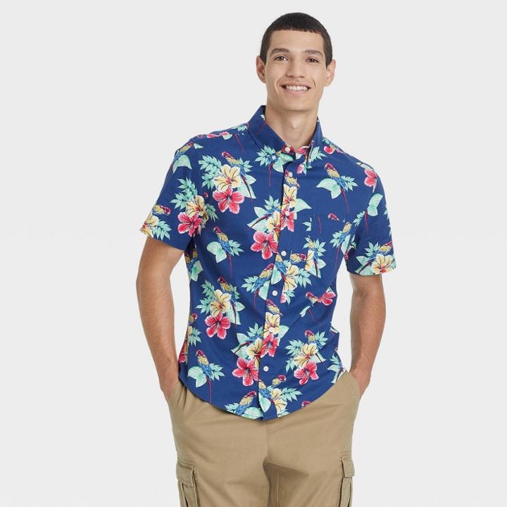 Men's Printed Slim Fit Stretch Poplin Short Sleeve Button-down Shirt - Goodfellow & Co Garden Blue