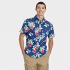 Men's Printed Slim Fit Stretch Poplin Short Sleeve Button-down Shirt - Goodfellow & Co Garden Blue
