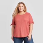 Women's Plus Size Short Sleeve Crewneck Pointelle Tie Top - Ava & Viv Rose X, Women's, Pink