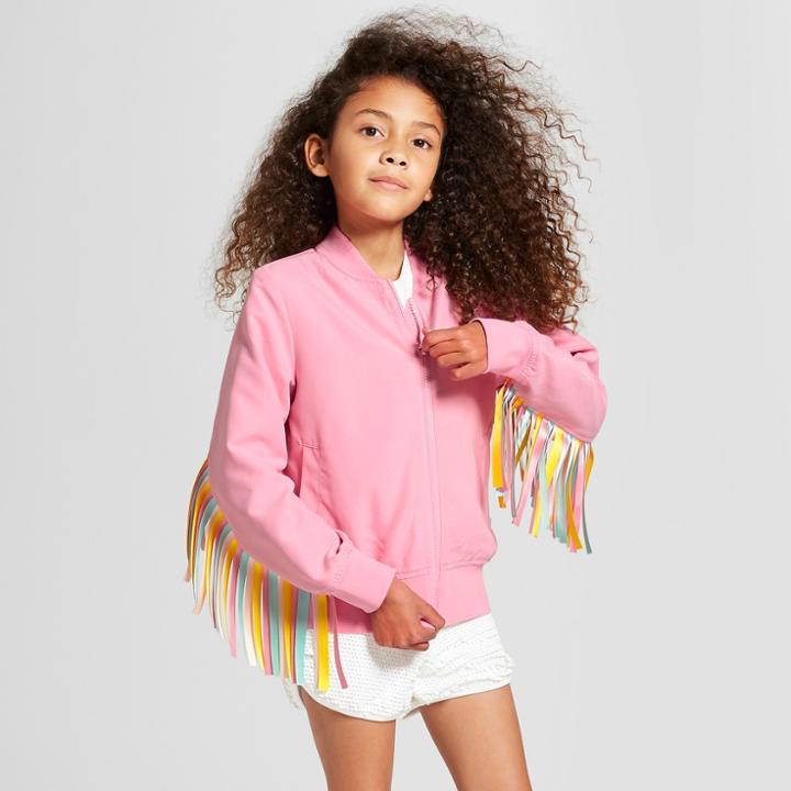Girls' Ribbon Fringe Bomber Jacket - Art Class Pink