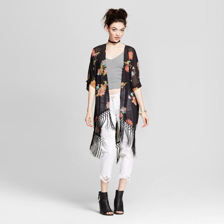 Women's Fringe-trim Kimono - Xhilaration (juniors') Black