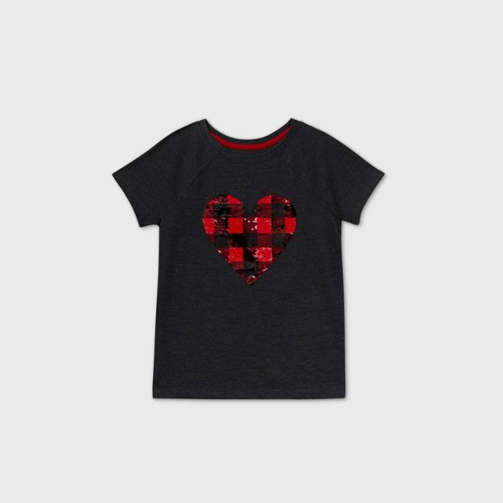 Girls' Short Sleeve Flip Sequin Buffalo Check Heart T-shirt - Cat & Jack Charcoal Gray