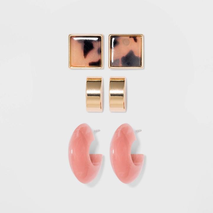 Metal And Acrylic Trio Earring Set - A New Day Blush, Women's, Gold