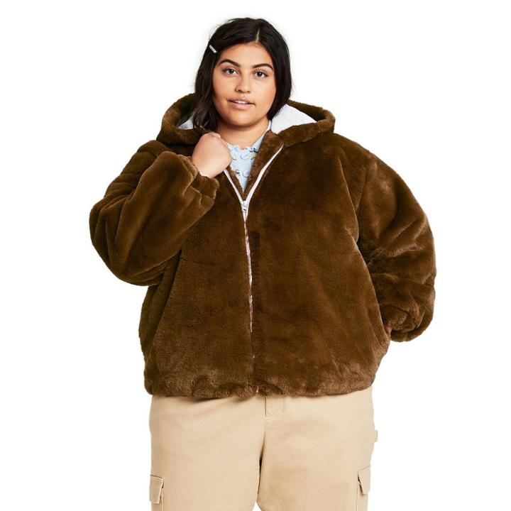 Women's Plus Size Mink Zip-up Faux Fur Hooded Jacket - Sandy Liang X Target Brown