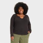 Women's Plus Size Long Sleeve Notch Neck Thermal Top - Knox Rose Black