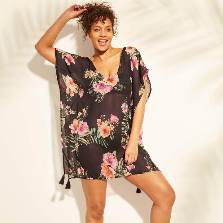 Women's Lattice Back Chiffon Kaftan Cover Up - Kona Sol Black Floral