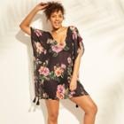 Women's Lattice Back Chiffon Kaftan Cover Up - Kona Sol Black Floral