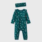 Baby Girls' Ruffle Jersey Romper With Headband - Cat & Jack Green Newborn