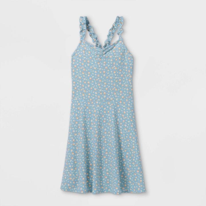 Girls' Cinch Front Ruffle Strap Tank Dress - Art Class Blue