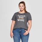 Women's Plus Size Short Sleeve Witch Way To The Wine Graphic T-shirt - Modern Lux Charcoal