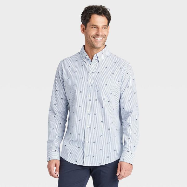 Men's Printed Regular Fit Stretch Poplin Long Sleeve Button-down Shirt - Goodfellow & Co Blue/animal Icon