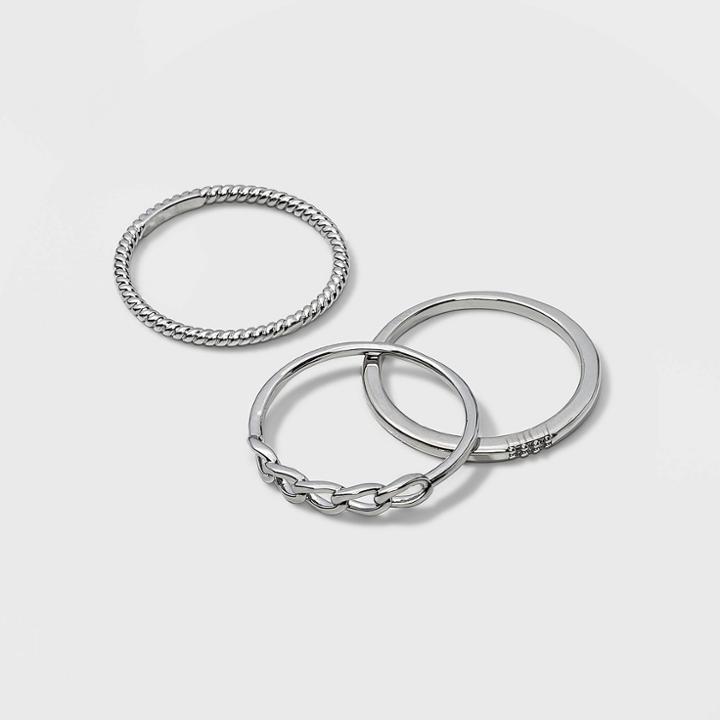 Silver Plated Cubic Zirconia Chain Stack Ring Set 3pc - A New Day