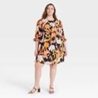 Women's Plus Size Floral Print Puff Elbow Sleeve A-line Dress - Who What Wear Black