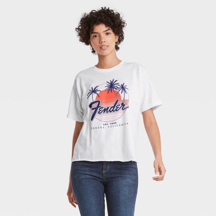Merch Traffic Women's Fender Palm Tree Short Sleeve Cropped Oversized Graphic T-shirt - White