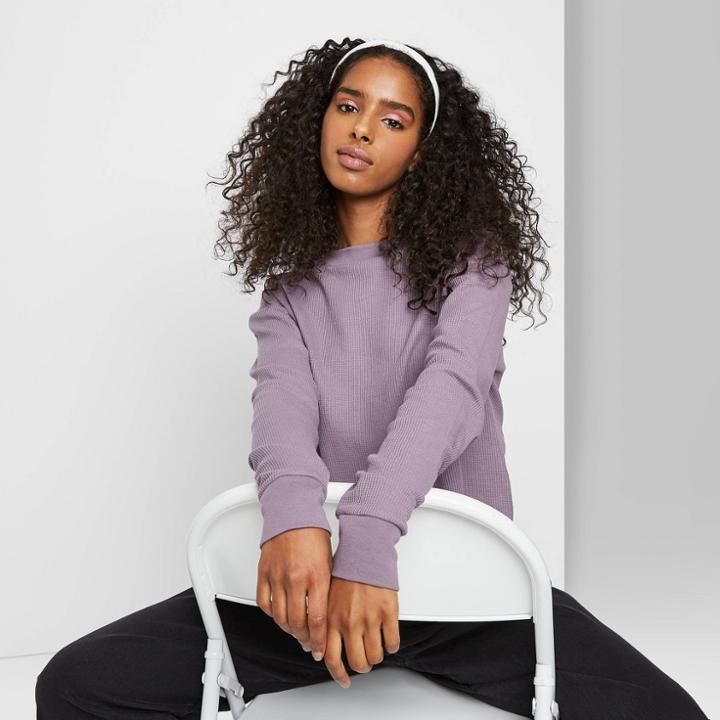 Women's Long Sleeve Crewneck Boxy Cozy T-shirt - Wild Fable Purple