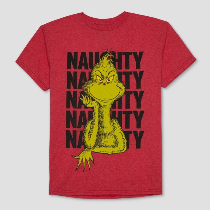 Dr. Seuss Boys' The Grinch Naughty Short Sleeve Graphic T-shirt - Red