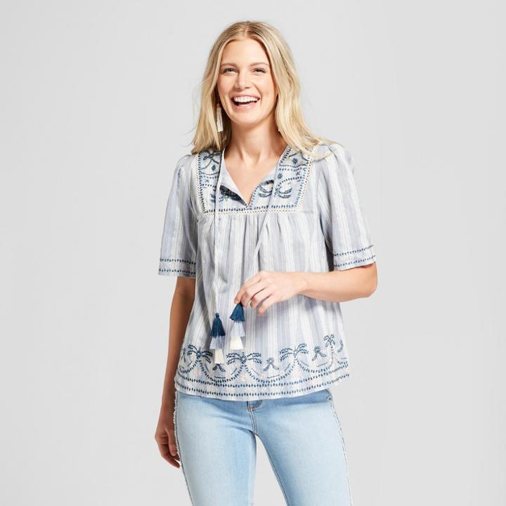 Women's Striped Short Sleeve Embroidered Peasant Top - Knox Rose Blue