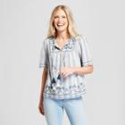 Women's Striped Short Sleeve Embroidered Peasant Top - Knox Rose Blue
