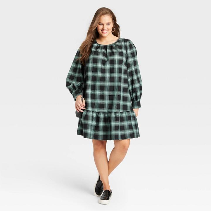 Women's Plus Size Plaid Long Sleeve Woven Dress - Ava & Viv Green X
