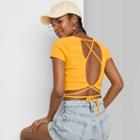 Women's Short Sleeve Lace-up Back Baby T-shirt - Wild Fable Honey Yellow