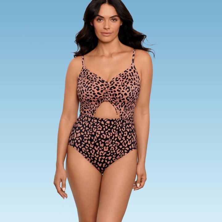 Women's Slimming Control V-neck Cinched Cut Out One Piece Swimsuit - Beach Betty By Miracle Brands Brown