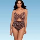 Women's Slimming Control V-neck Cinched Cut Out One Piece Swimsuit - Beach Betty By Miracle Brands Brown