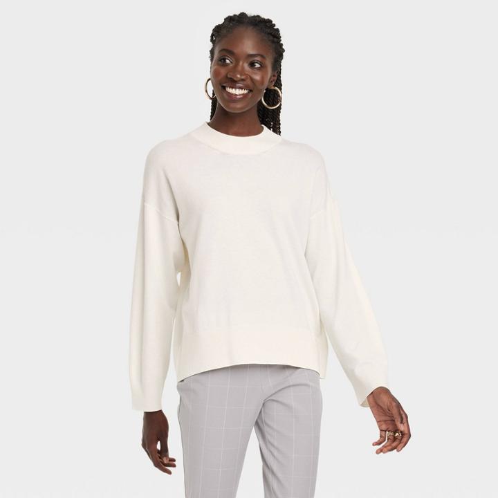 Women's Fine Gauge Crewneck Sweater - A New Day Cream