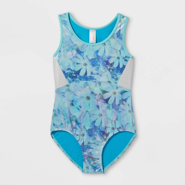 Girls' Floral Foil Gymnastics Leotard - Cat & Jack Aqua