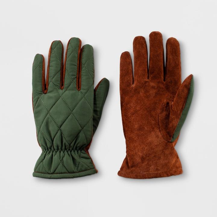 Men's Quilted Fleece Nylon Lined Leather Gloves - Goodfellow & Co Green