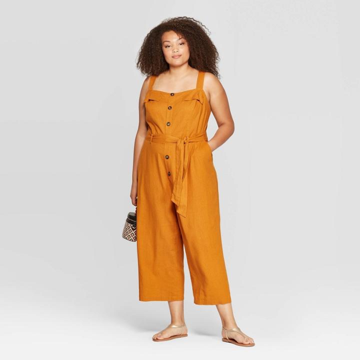 Women's Plus Size Sleeveless Square Neck Wide Leg Utility Jumpsuit - Ava & Viv Rust (red) X