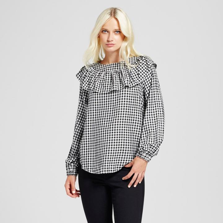 Women's Long Sleeve Ruffle Gingham Top - Alison Andrews Black/white M,