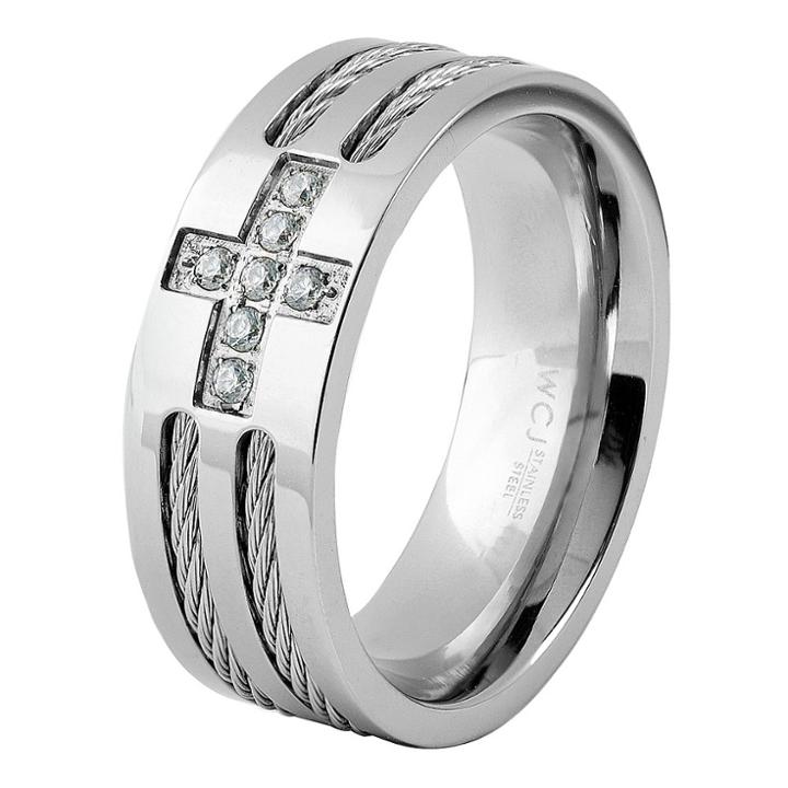 Men's West Coast Jewelry Stainless Steel Cable Inlaid Cubic Zirconia Cross Ring