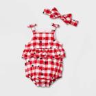 Baby Girls' Gingham Star Poplin Romper With Headband - Cat & Jack Red Newborn