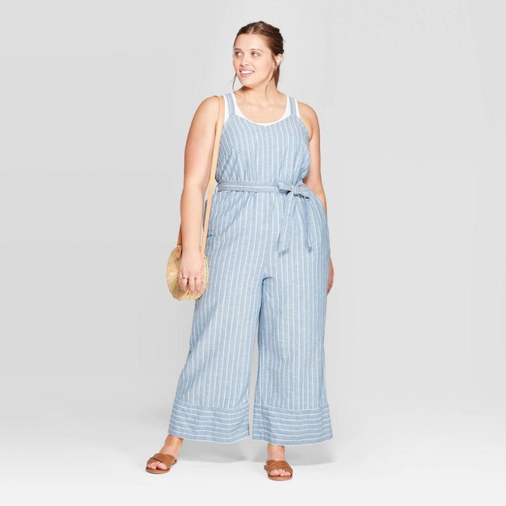 Women's Plus Size Sleeveless V-neck Belted Denim Jumpsuit - Universal Thread