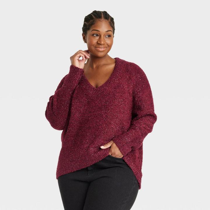 Women's Plus Size Lurex V-neck Sweater - Ava & Viv Burgundy X, Red