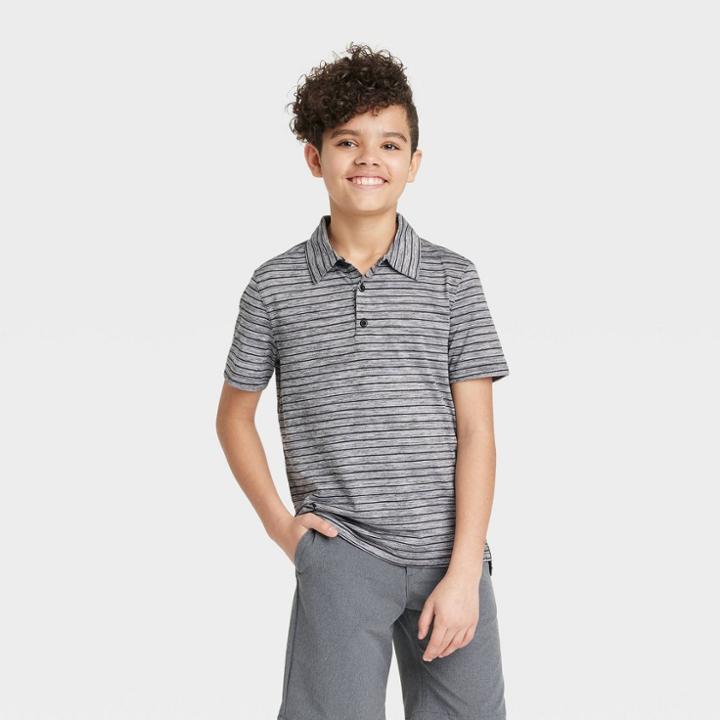 Boys' Striped Golf Polo Shirt - All In Motion Heathered Black
