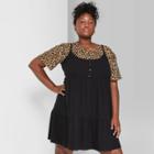 Target Women's Plus Size Strappy Scoop Neck Button-front Tiered Knit Swing Dress - Wild Fable Black