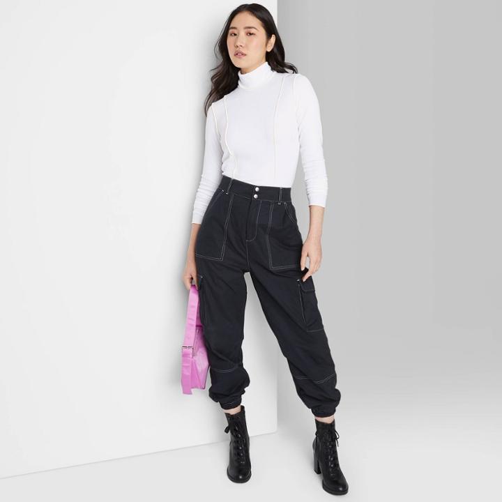 Women's Long Sleeve Turtleneck Seamed Detail T-shirt - Wild Fable White