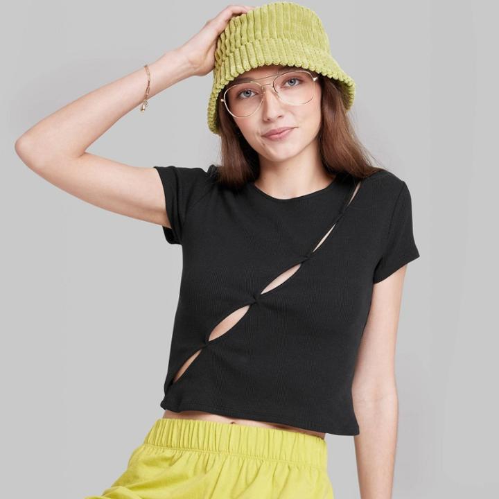 Women's Short Sleeve Diagonal Cut Out Baby T-shirt - Wild Fable Black