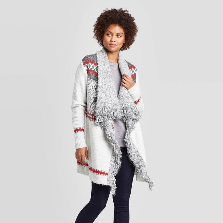 Women's Long Sleeve Holiday Open Cardigan With Fringe Detail - Knox Rose Gray
