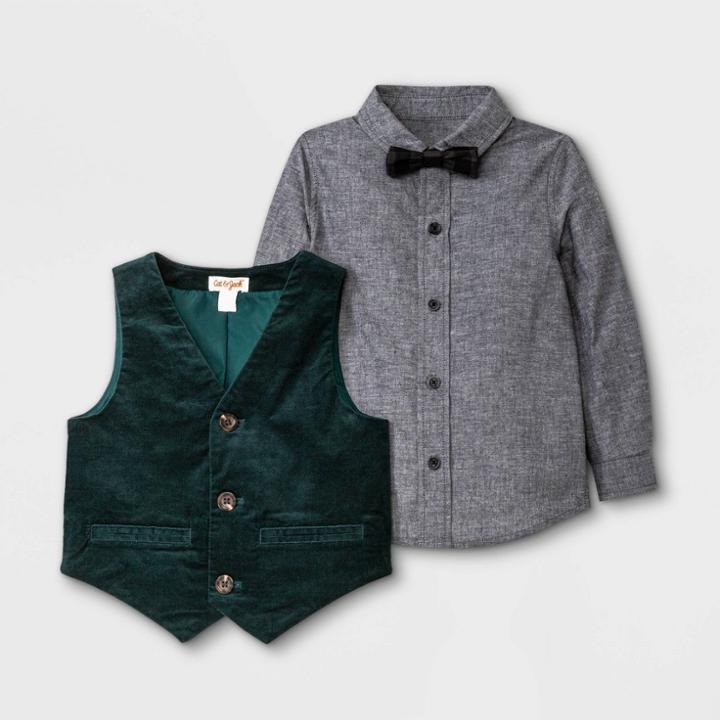 Toddler Boys' 3pc Chambray Long Sleeve Button-down Shirt With Bowtie And Vest Set - Cat & Jack Gray/green
