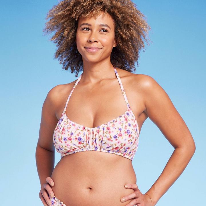 Women's Ruched Bralette Sling Lift Bikini Top - Shade & Shore Cream Floral Print L, Ivory Floral Print